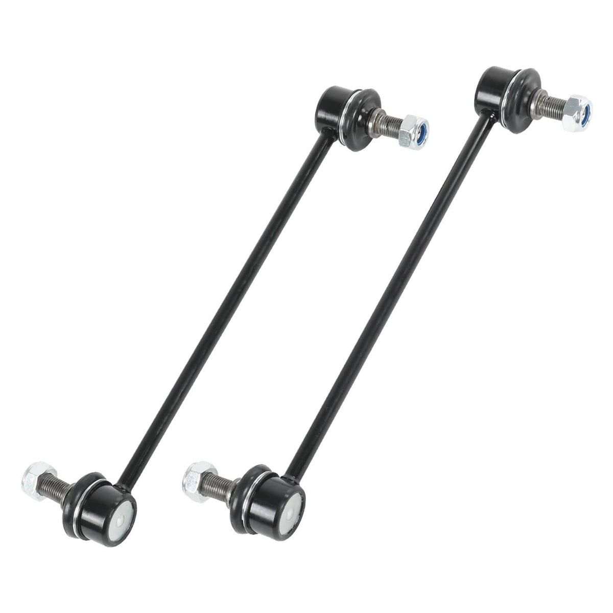 Front sway bar end links set with black bars and rubber bushings, chrome mounting bolts