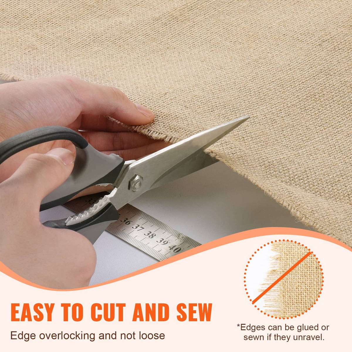 Hand cutting tan burlap fabric roll with scissors on woven jute