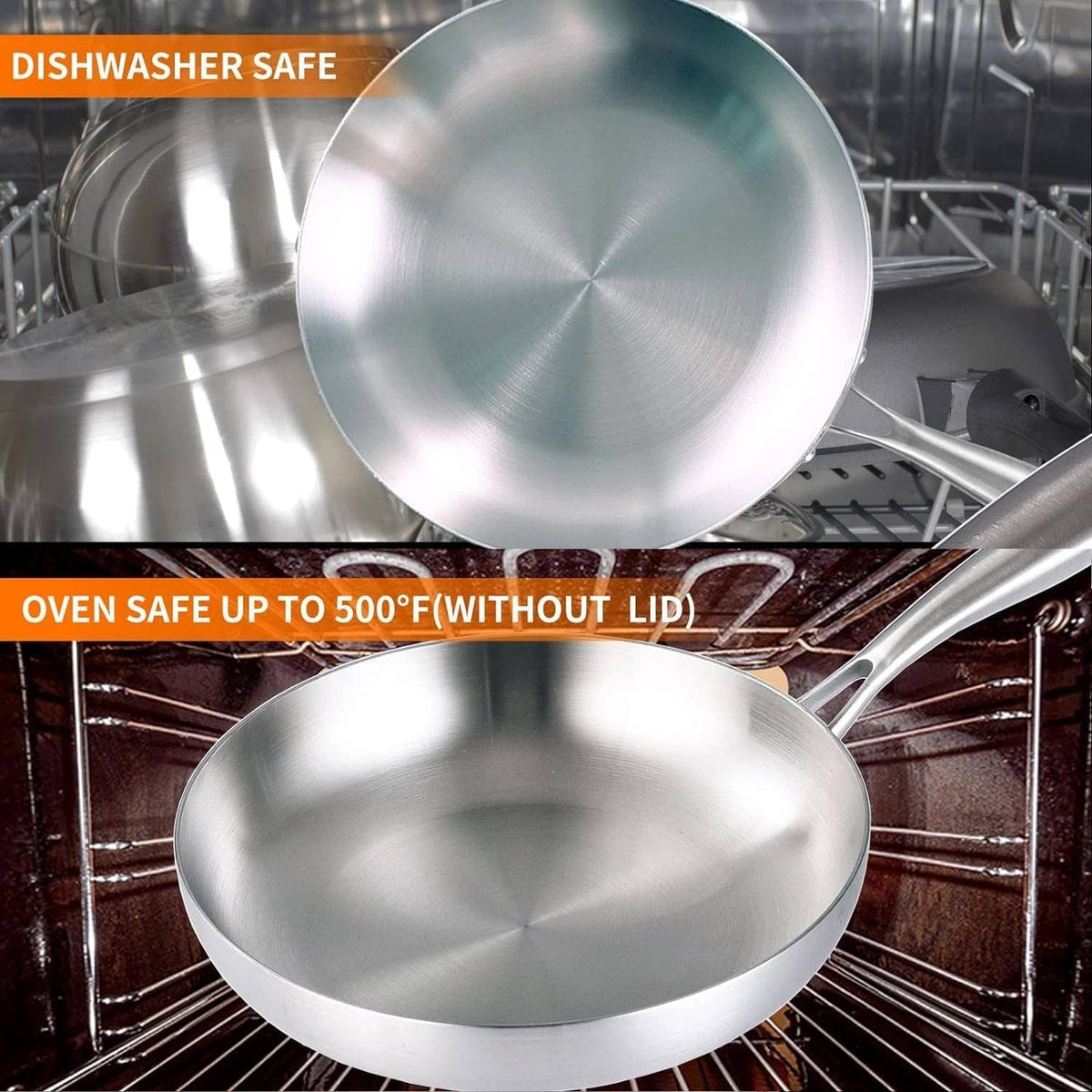 Stainless steel frying pan shown for dishwasher and oven use, silver