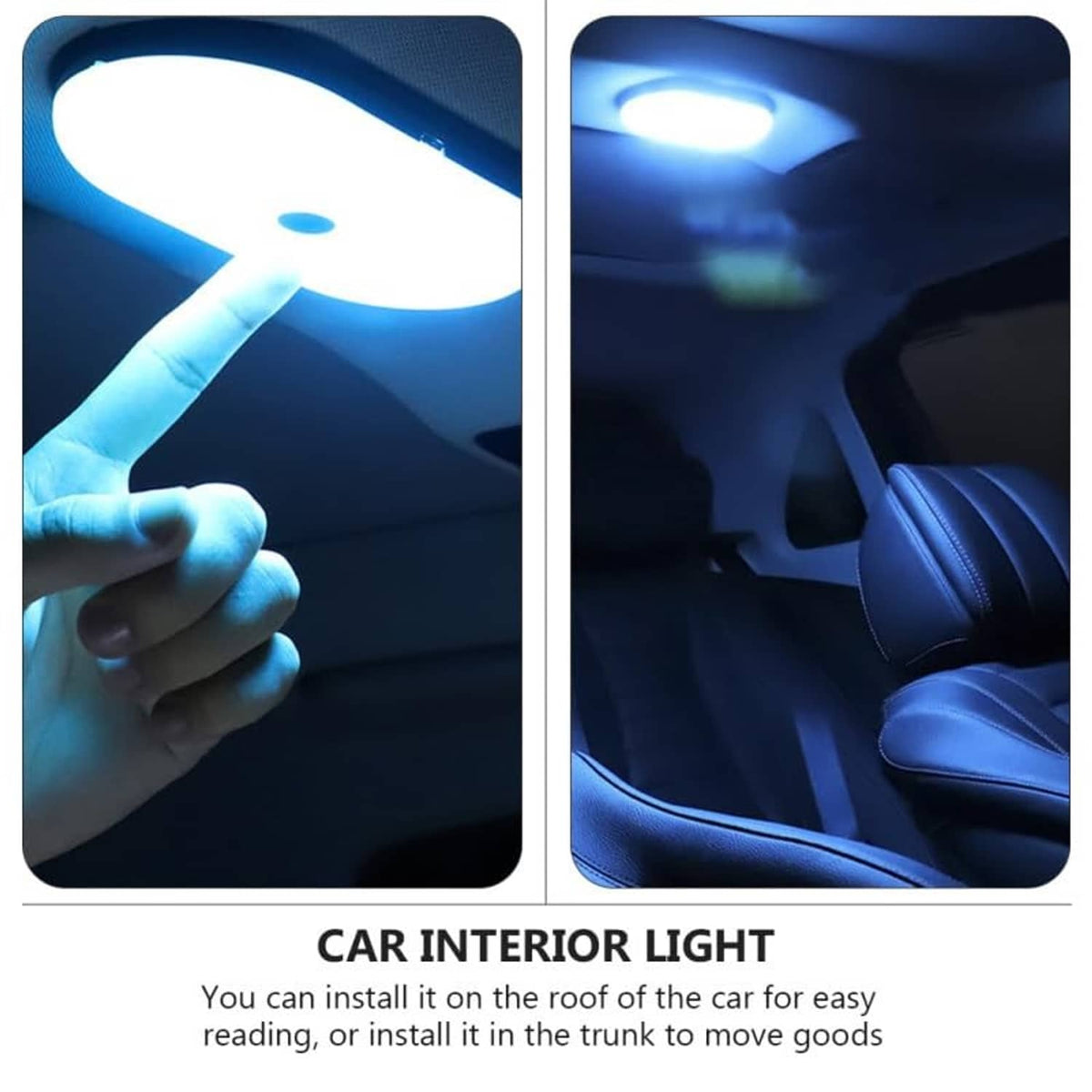 Touch-controlled LED car dome lamp glowing above seats, white housing with black base