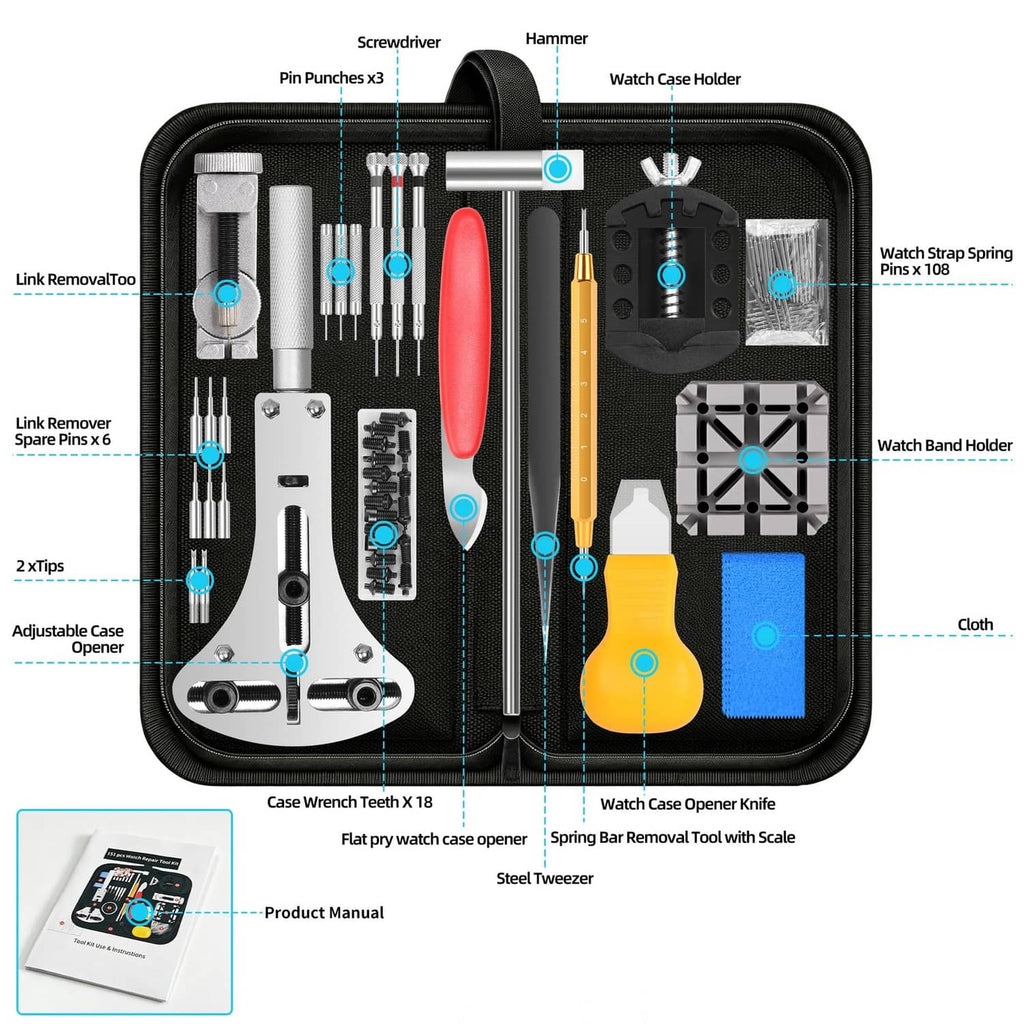 Watch repair tool kit organizer with tools arranged in compartments and labeled inserts.