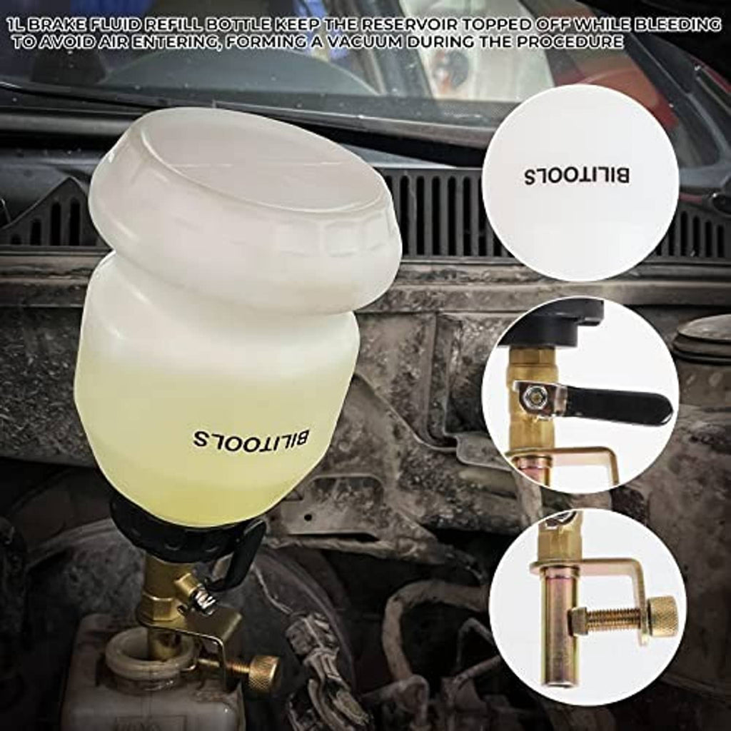 1L brake fluid refill bottle with brass valve, connector, and vacuum hose attachment