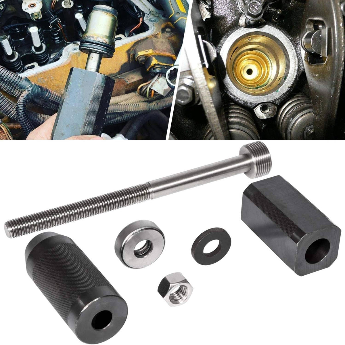 Injector sleeve installer/remover kit with long rod, sleeves, and small nuts
