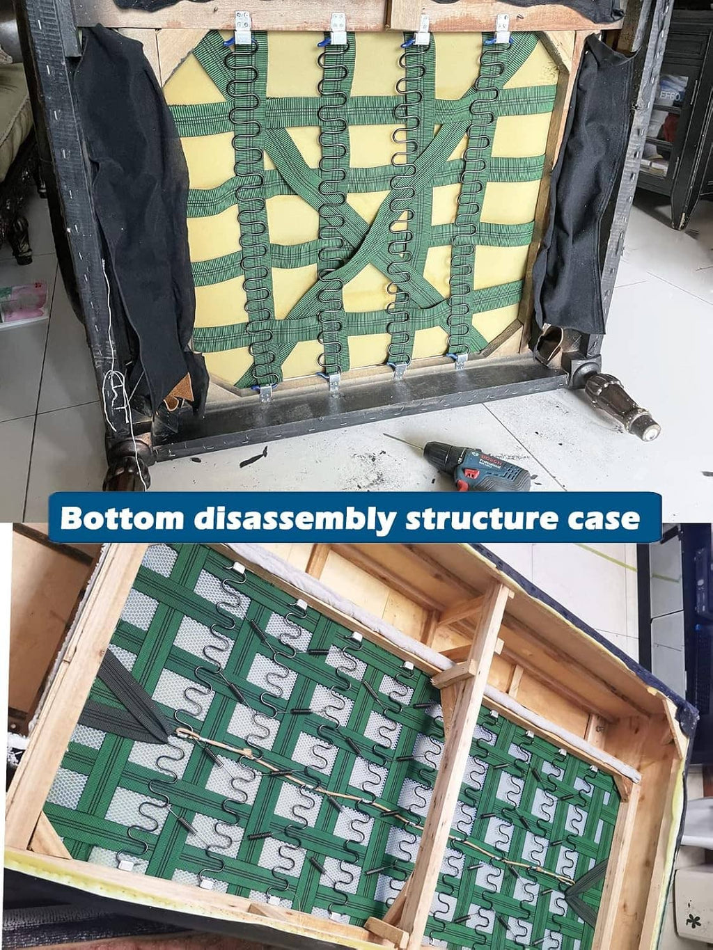 Sofa bottom frame with rows of upholstery springs and metal support hooks