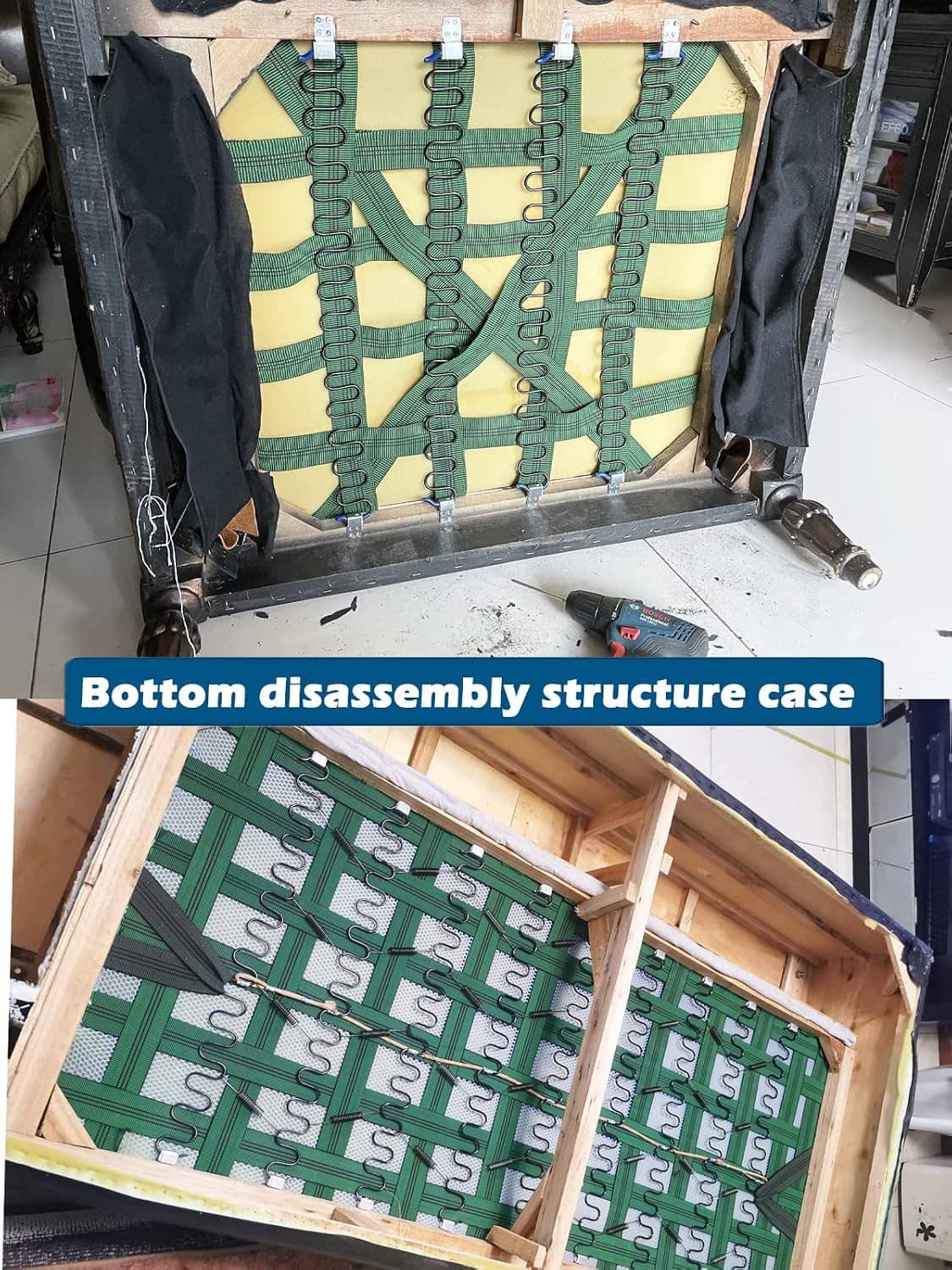 Sofa bottom frame with rows of upholstery springs and metal support hooks
