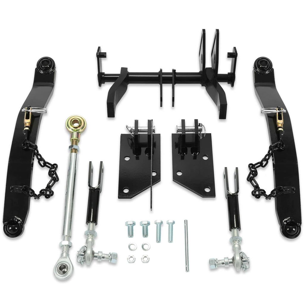 Rear 3-point hitch kit parts laid out: black brackets, chains, rods, pins, and bolts