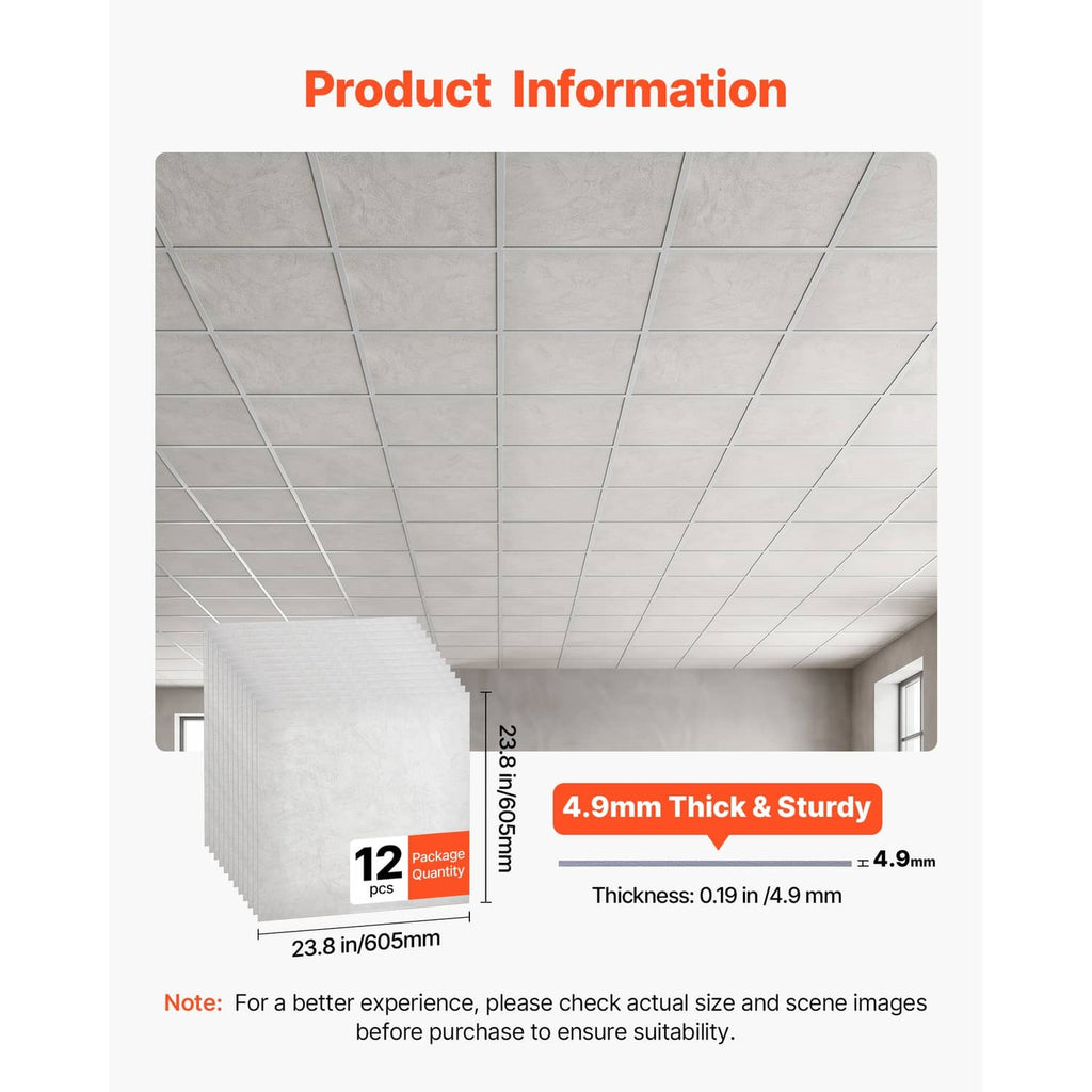 White marble-look ceiling tiles installed in a grid on a drop ceiling system