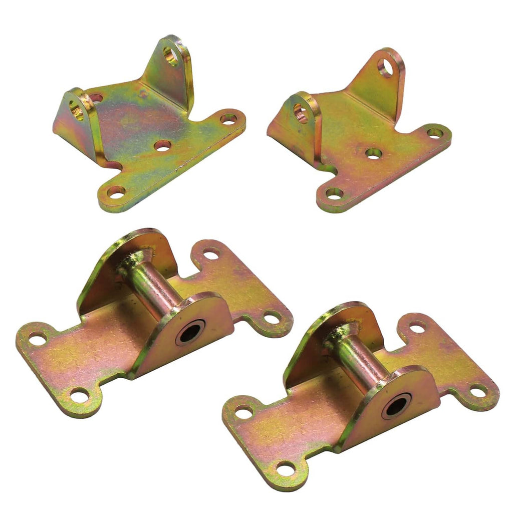 Steel engine motor mount brackets with integrated bushings, rainbow iridescent coating