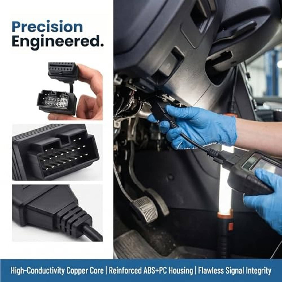 OBD diagnostic adapter cable with two black connector plugs, shown near a car OBD port