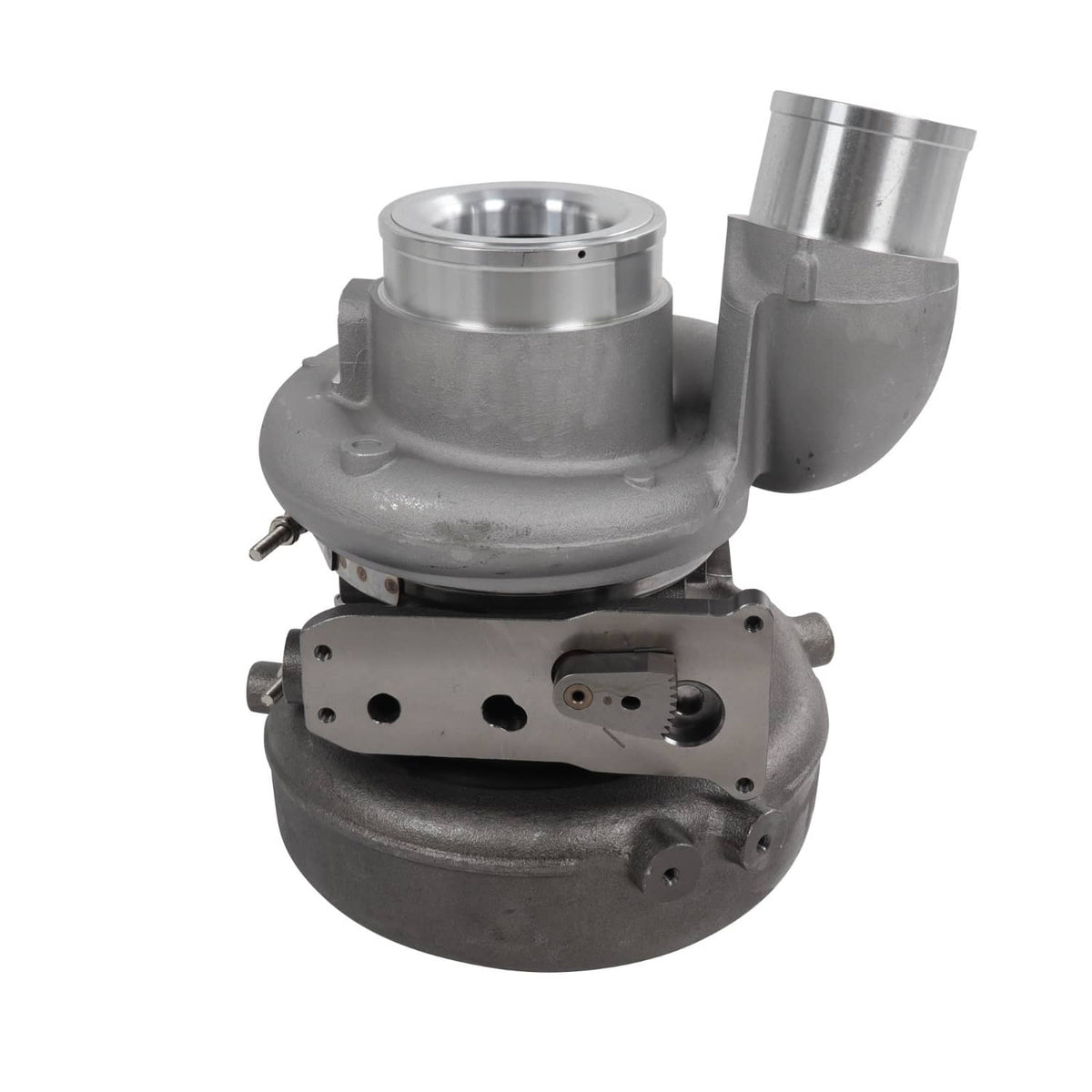 Diesel turbocharger with exposed mounting plate, vacuum actuator parts, and inlet