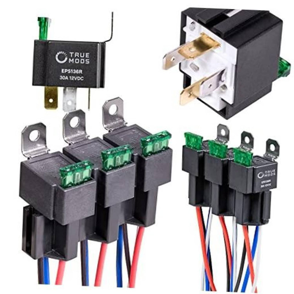 Bosch-style fused relay switch kit with 6 relays, green fuses, and red/blue/white wires