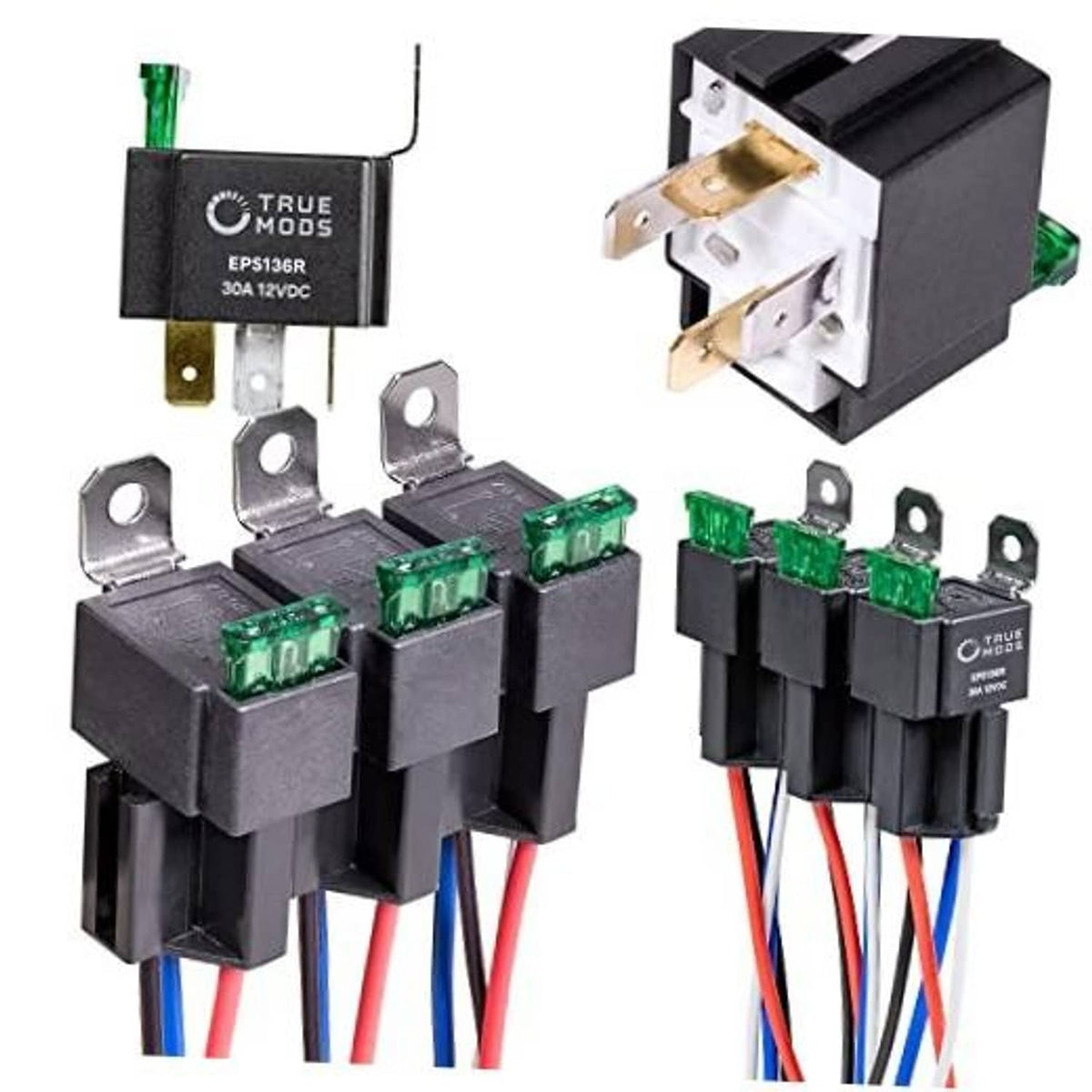 Bosch-style fused relay switch kit with 6 relays, green fuses, and red/blue/white wires