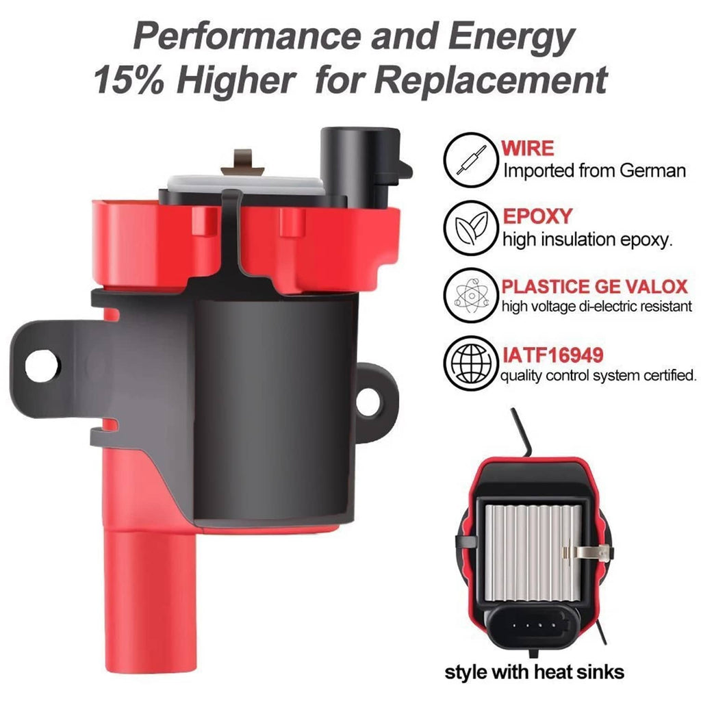 Ignition coil with metal heat-sink fins, red housing and black electrical connector