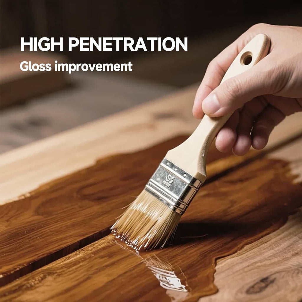 Wood stain being brushed onto a wooden surface for deep penetration