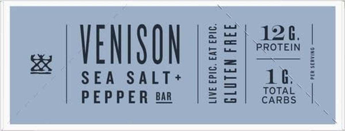 Epic Venison Sea Salt + Pepper Bar front label with 12g protein
