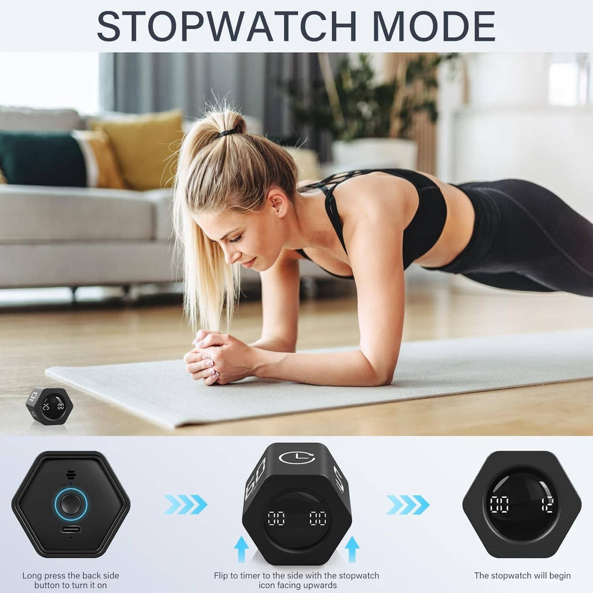 Black stopwatch mode timer near a stretching woman, with bright digital time display