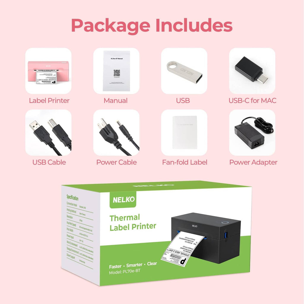 Pink thermal label printer package with accessories: USB cable and power adapter