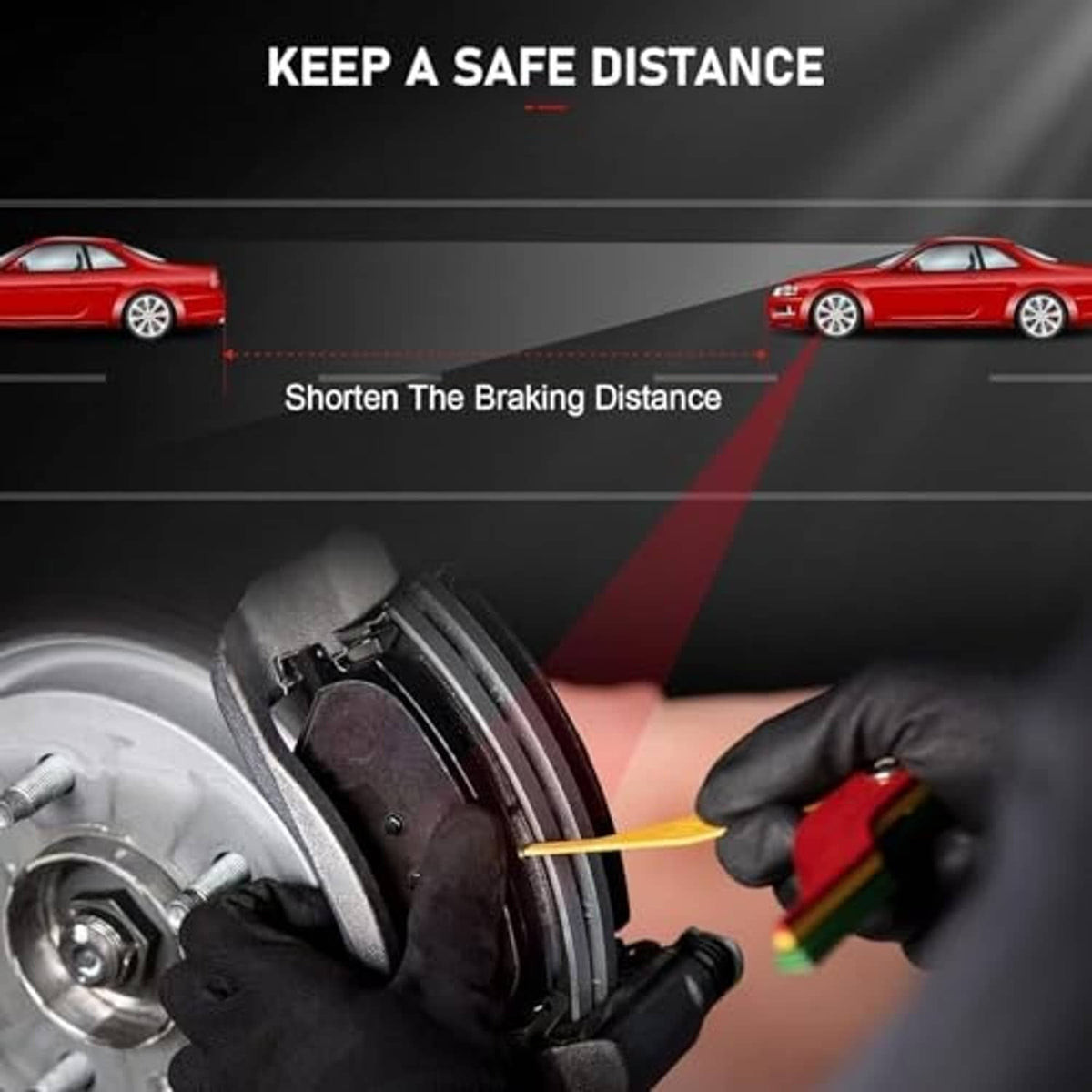 Brake pad near brake rotor with vehicle braking-distance graphic overlay