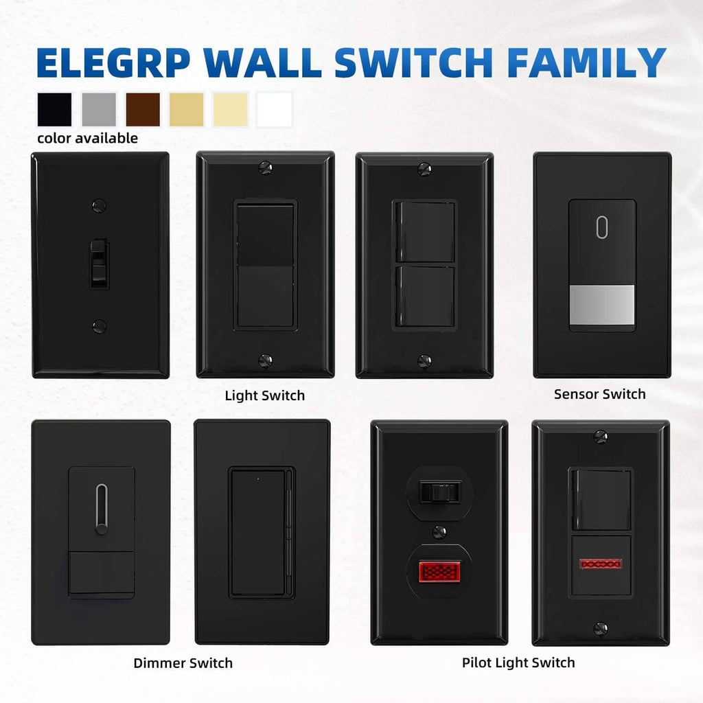 Black wall switch family panel with several switch types, glossy finish