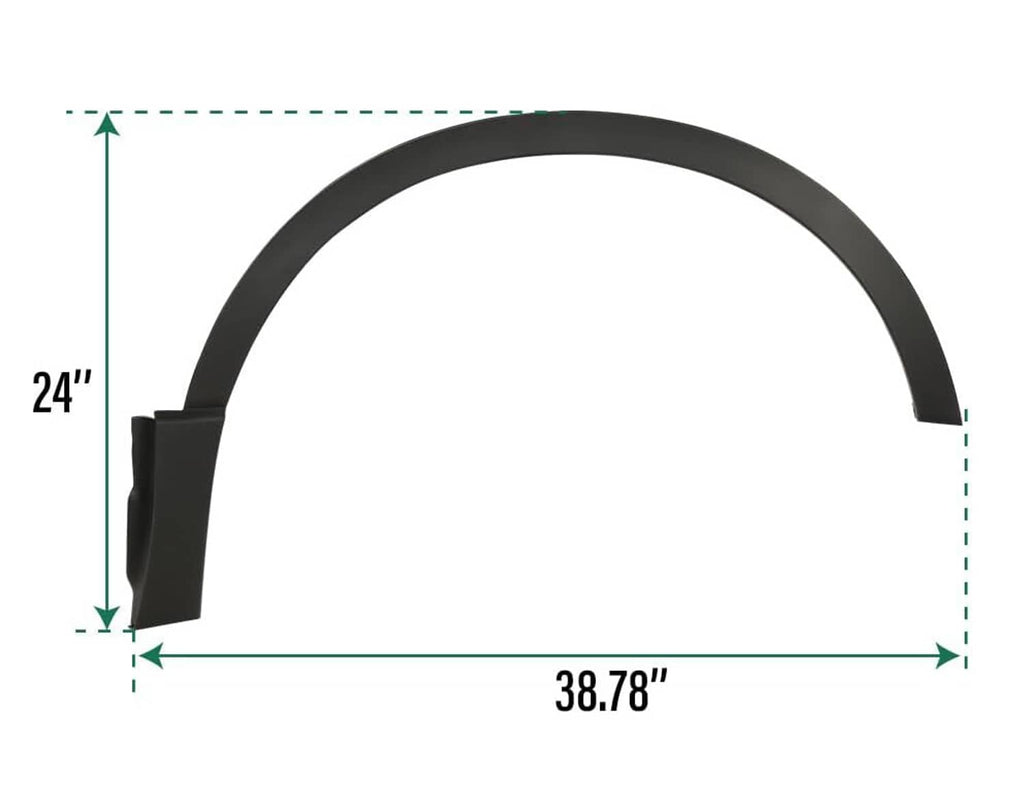 Black fender trim cover with size guide: 38.78 in long, 24 in wide