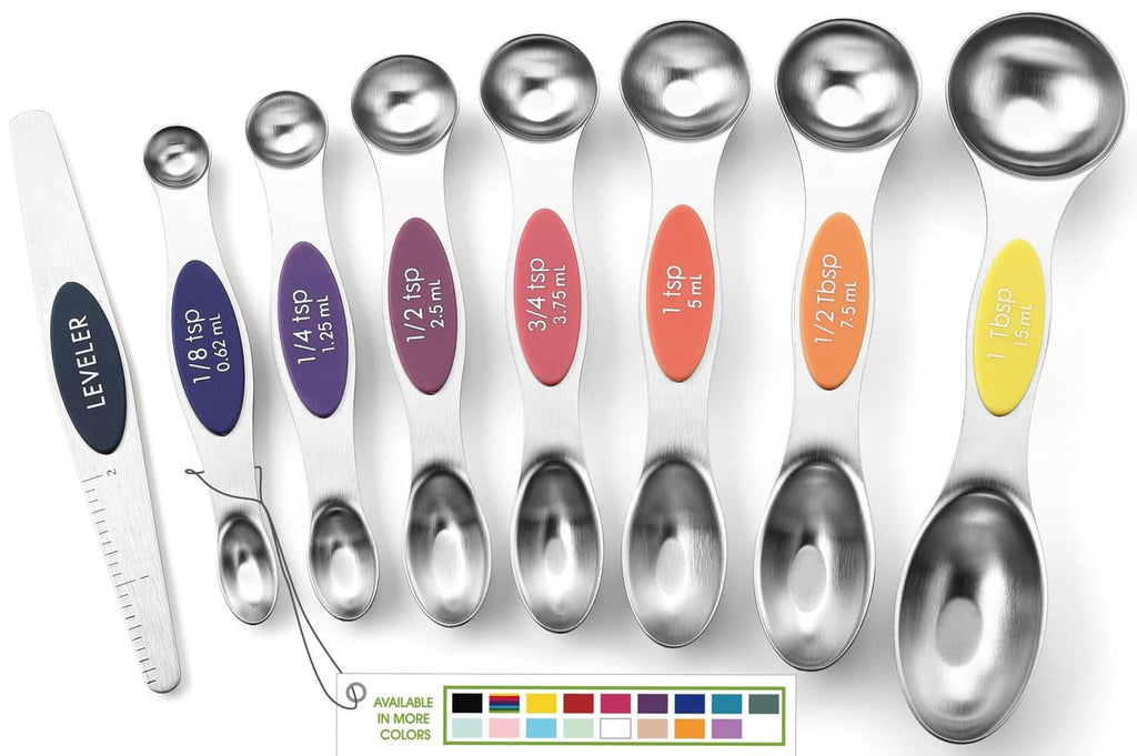 Stainless steel magnetic measuring spoons set with colored size tabs and lever
