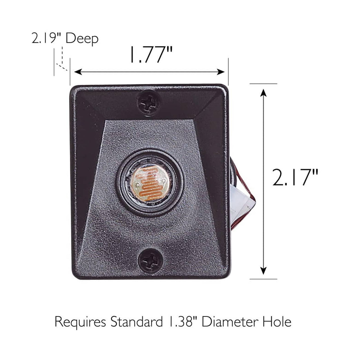 Black dusk-to-dawn outlet sensor with circular lens and side wiring; size and hole shown