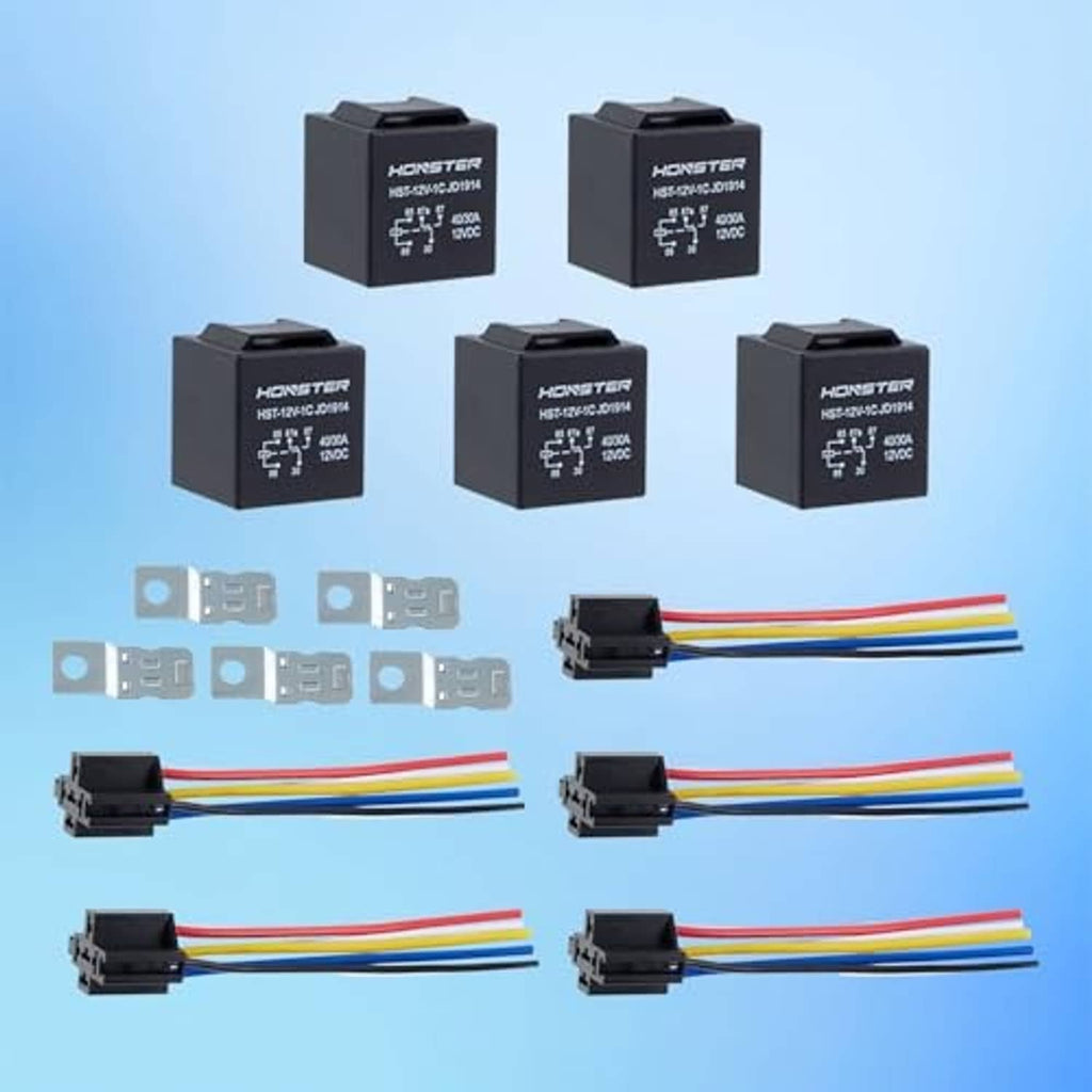 Set of black 12V 5-pin relays with connector ends and pre-wired multi-color harness