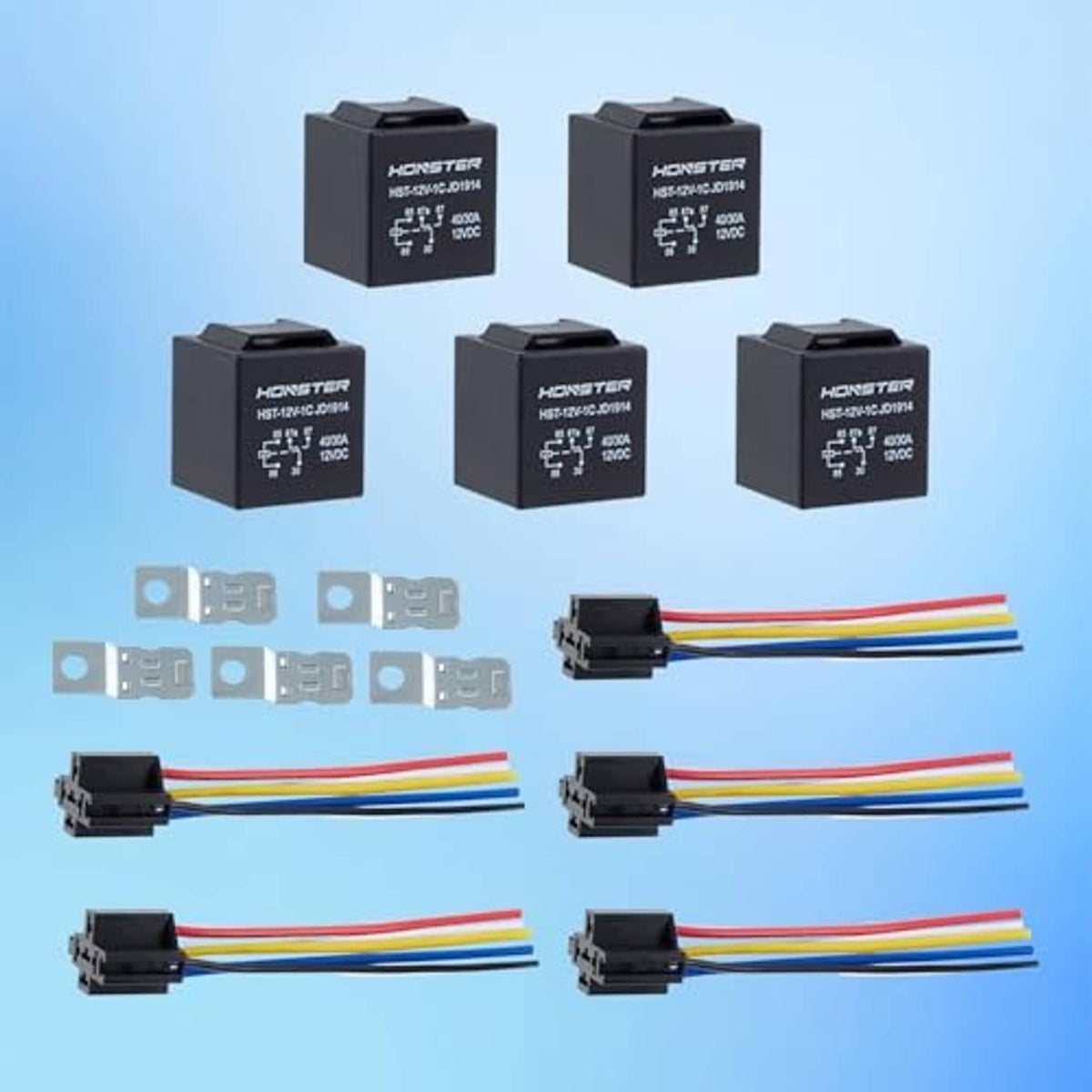 Set of black 12V 5-pin relays with connector ends and pre-wired multi-color harness