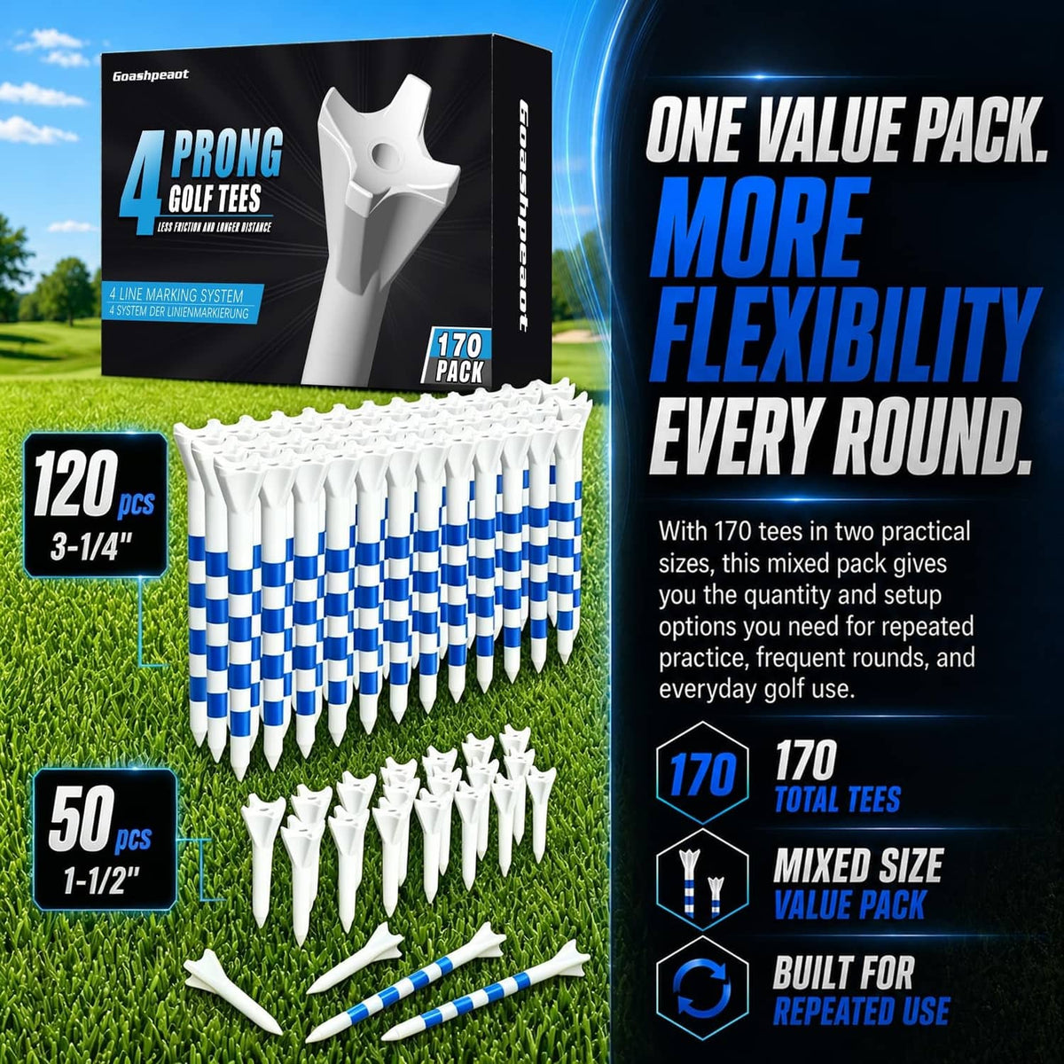 Bulk 4-prong blue-striped golf tees, white heads in a 170-pack value set