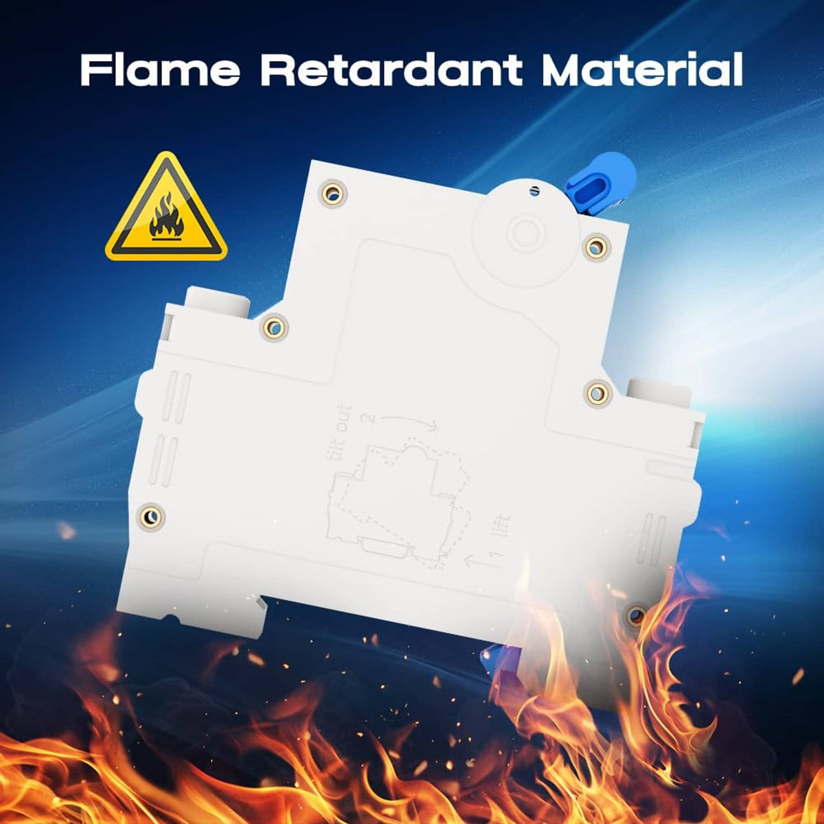 Flame-retardant DC circuit breaker housing with blue internal module and mounting brackets