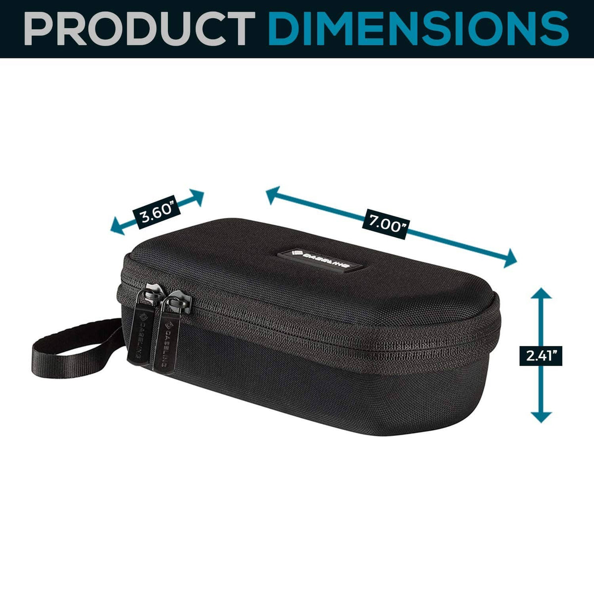 Black compact audio recorder hard case with zipper and shoulder strap, closed