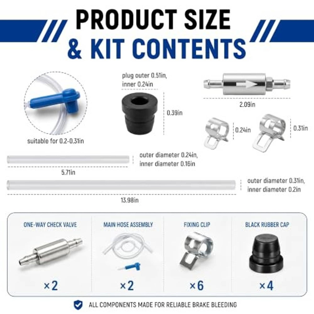Brake bleeder kit components: clear hoses, blue adapter, check valve, clips, rubber caps