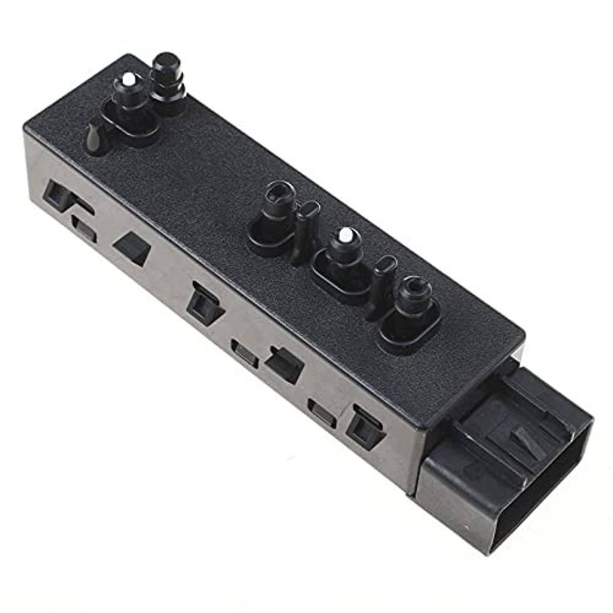 Car power seat control switch, dark gray side with rocker ports and mounting tabs