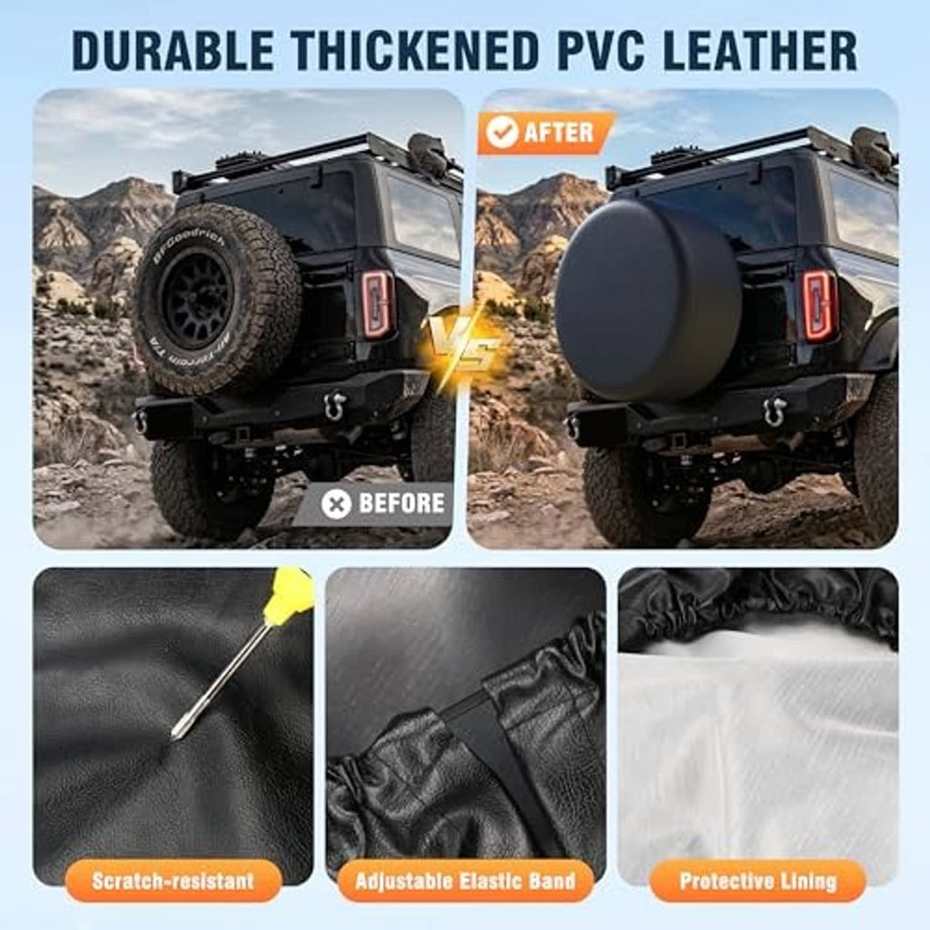 Black thick PVC leather spare tire cover with adjustable elastic band and protective lining