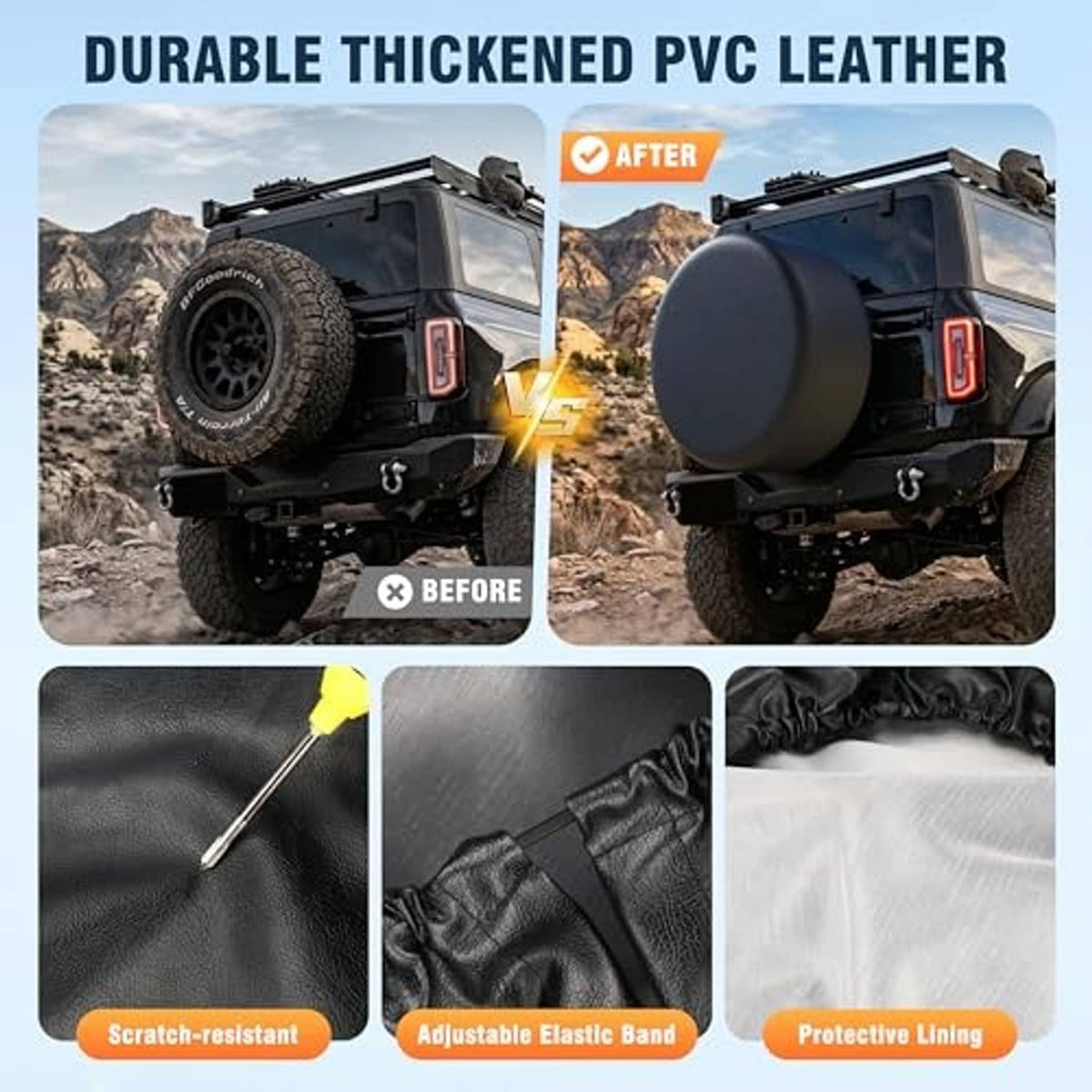 Black thick PVC leather spare tire cover with adjustable elastic band and protective lining