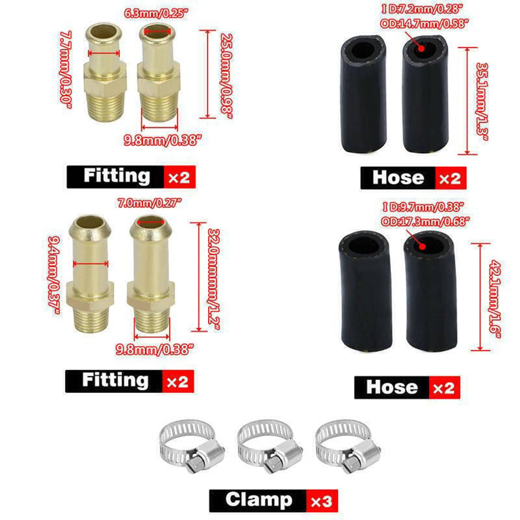Fuel regulator kit components: brass fittings, black hoses, and metal clamps