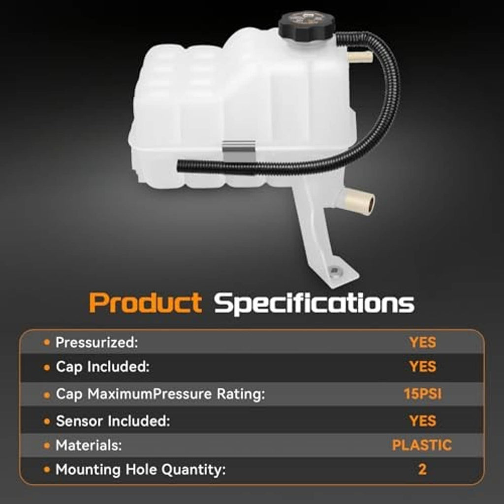 White coolant overflow reservoir tank with black cap, sensor cable, and mounting bracket