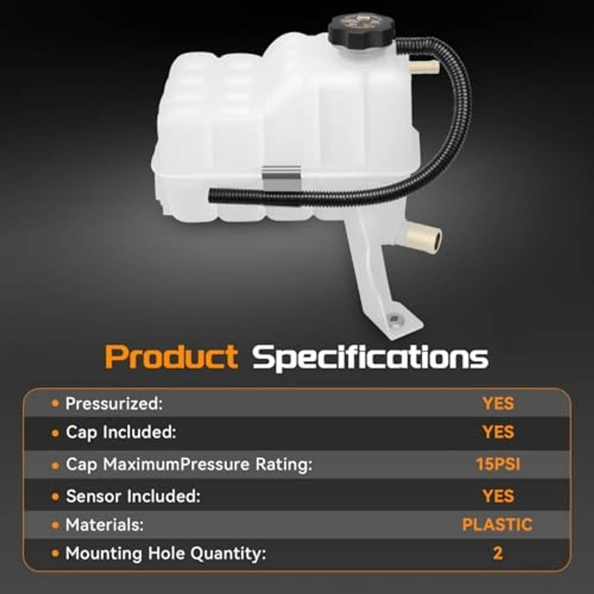 White coolant overflow reservoir tank with black cap, sensor cable, and mounting bracket