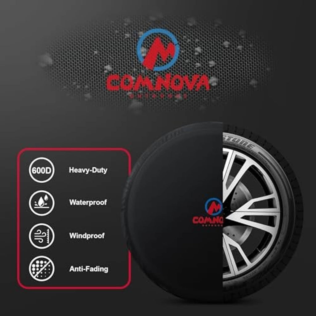 Black spare tire cover with COMNOVA logo and heavy-duty, waterproof style icons.