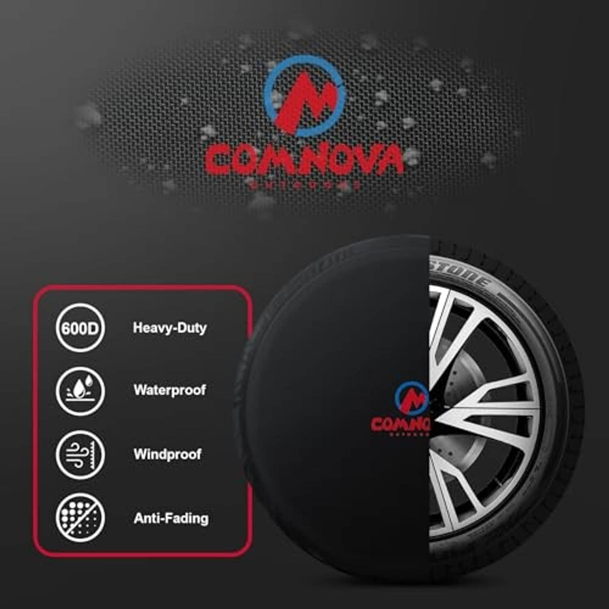 Black spare tire cover with COMNOVA logo and heavy-duty, waterproof style icons.