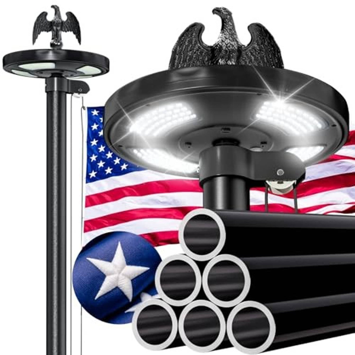 Black flag pole solar light with eagle topper and wide circular LED panel over stars flag