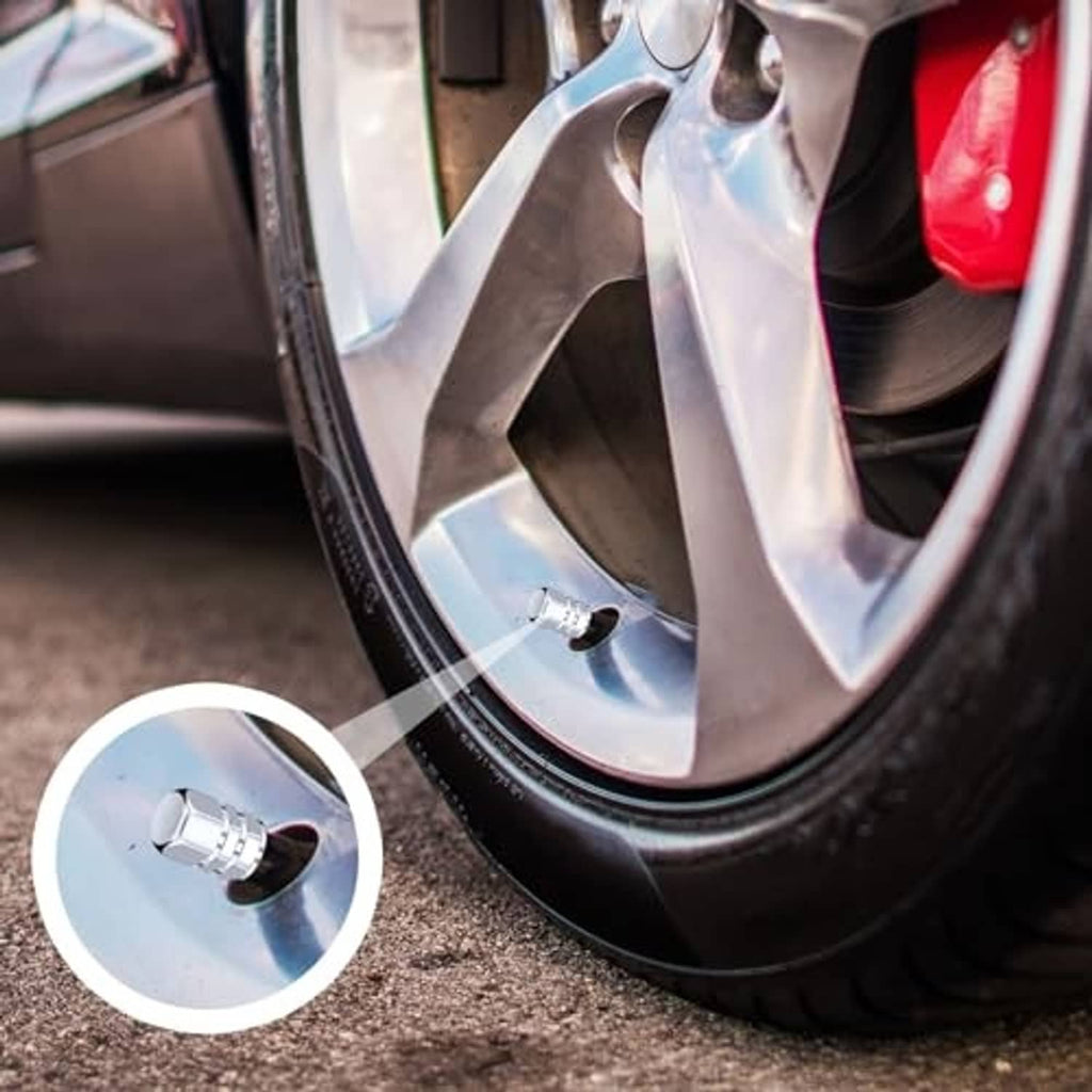 Chrome hex tire valve stem cap installed on car wheel valve