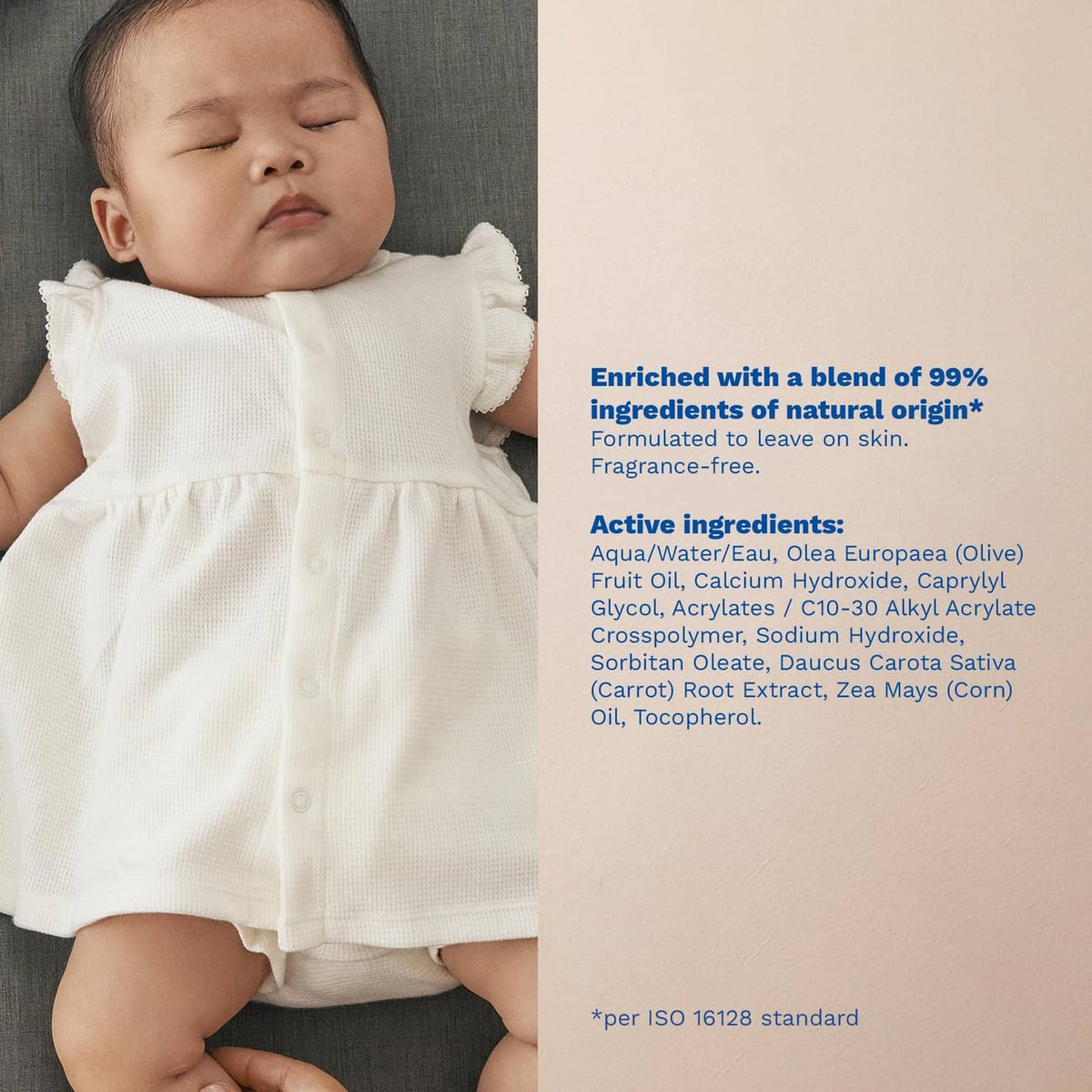 Sleeping baby with Mustela Liniment cleanser ingredient list and fragrance-free note