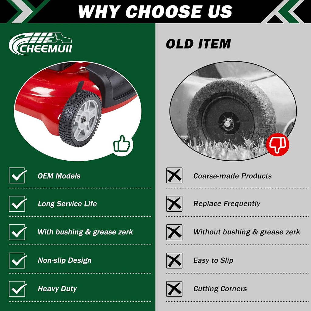 Lawn mower drive wheel comparison graphic with gray wheels and black rubber tires