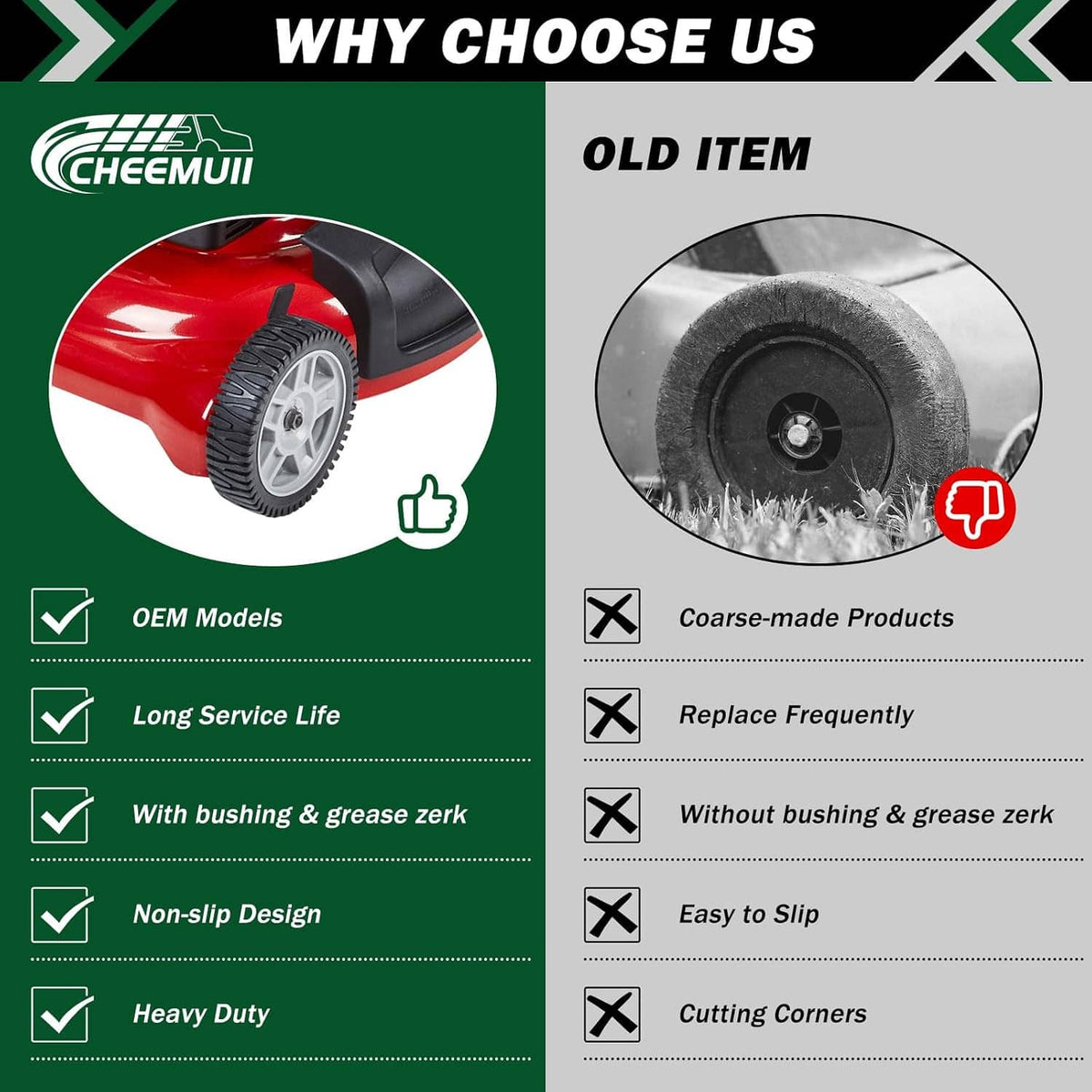 Lawn mower drive wheel comparison graphic with gray wheels and black rubber tires