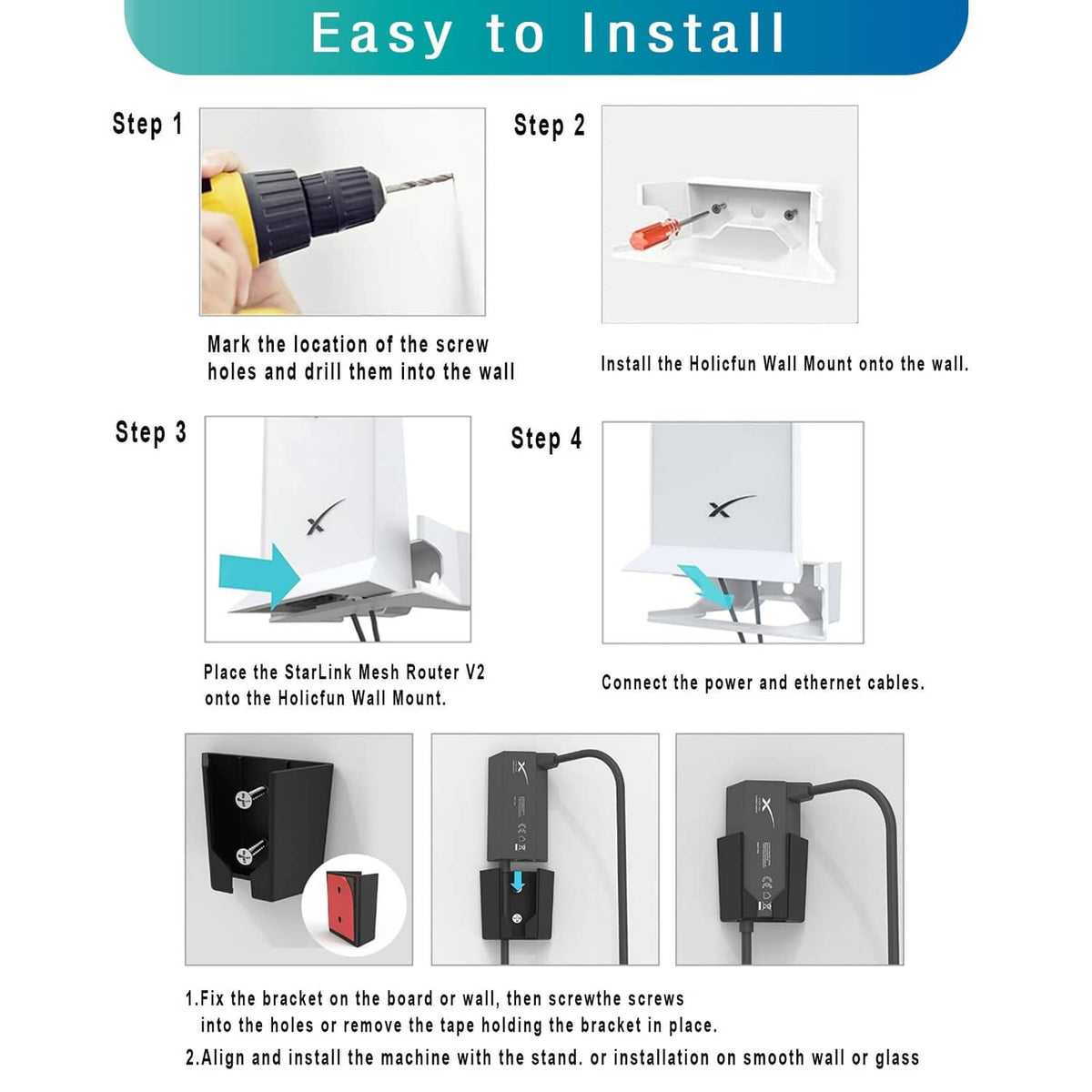 Wall mount installation guide with white bracket and connected power and ethernet cables