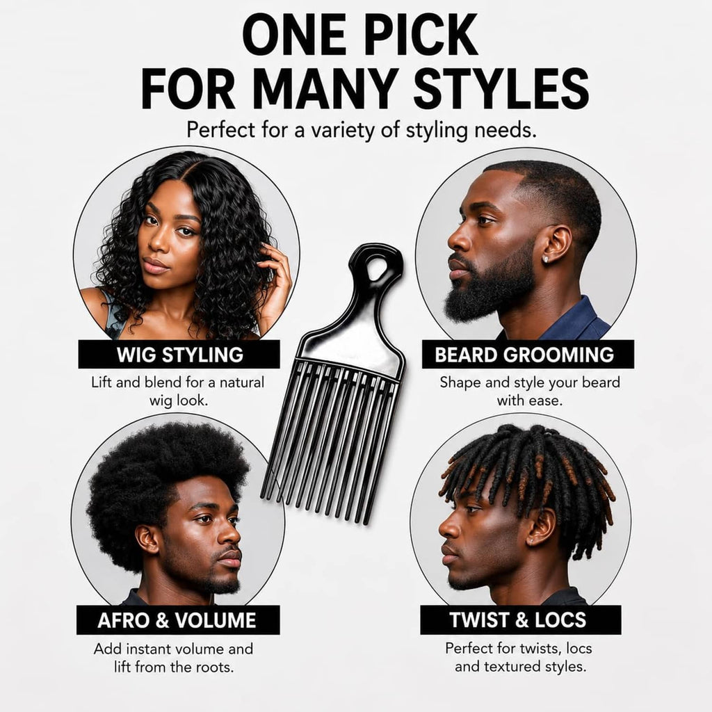 Black afro pick hair comb with long handle and wide lift teeth