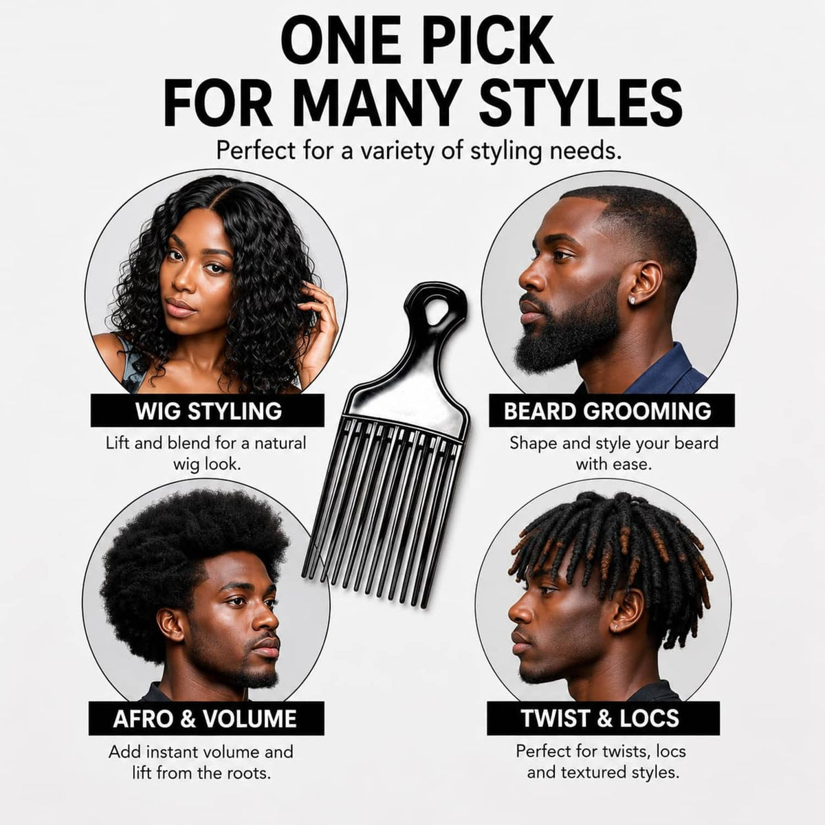 Black afro pick hair comb with long handle and wide lift teeth