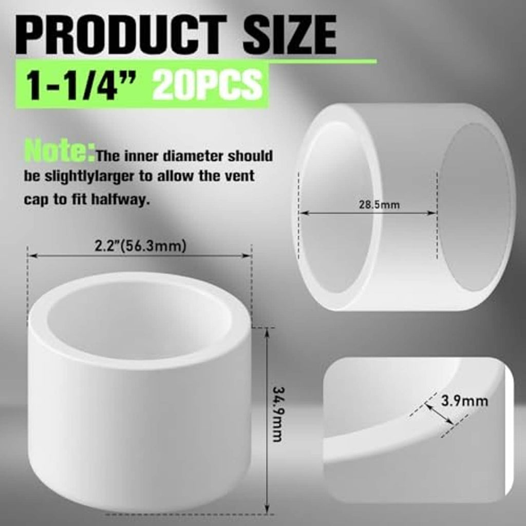 White PVC pipe end cap, 1-1/4 in OD fitting size with open circular mouth