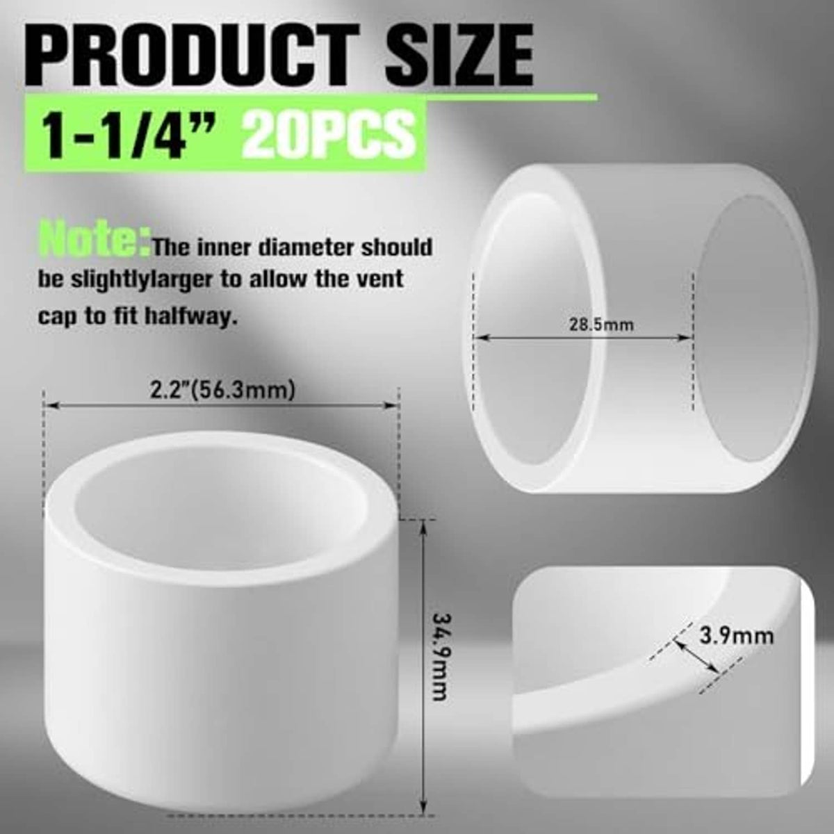 White PVC pipe end cap, 1-1/4 in OD fitting size with open circular mouth